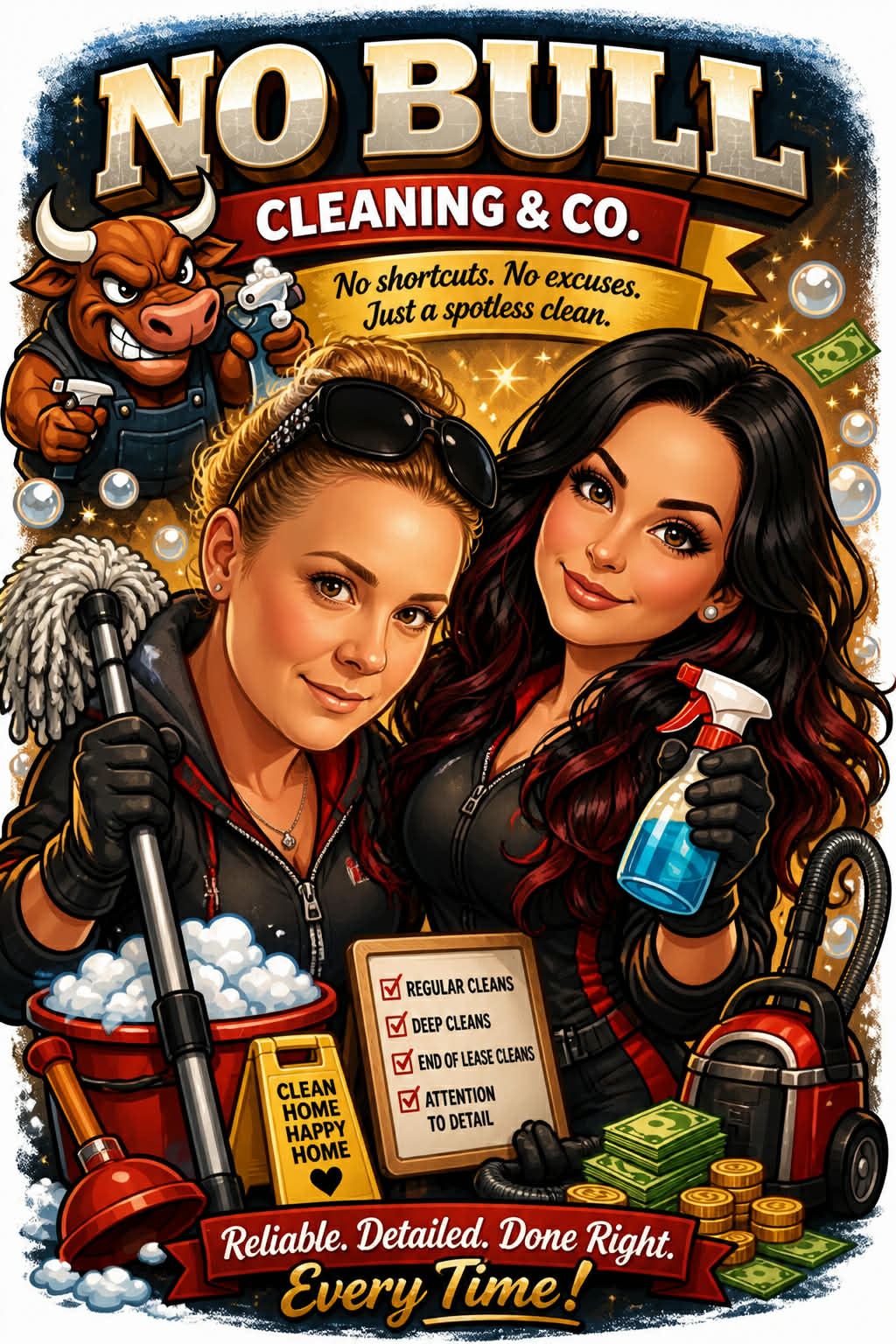 No Bull Cleaning Co promotional banner artwork featuring the brand and cleaning services.
